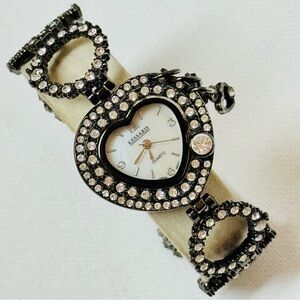 Kessaris Heart Mother Of Pearl Women's Black Bracelet Watch Crystals JCR626D